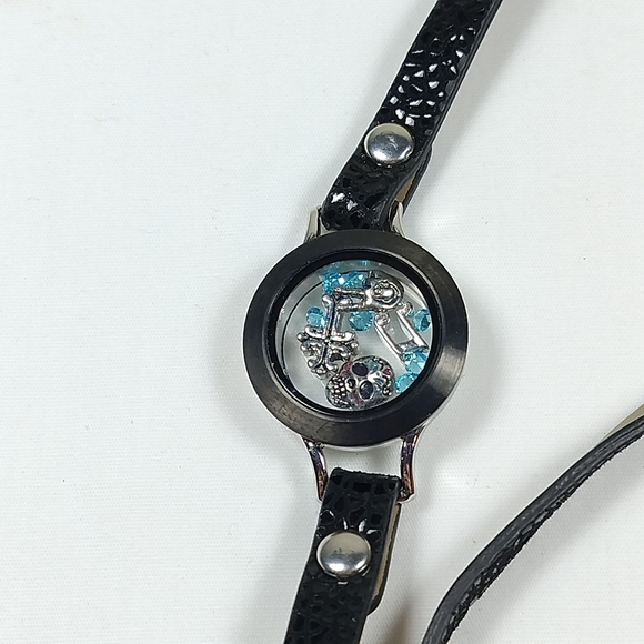 Origami Owl Wrap Bracelet Floating Locket Skull Music Note Peace Sign Black - Picture 3 of 6
